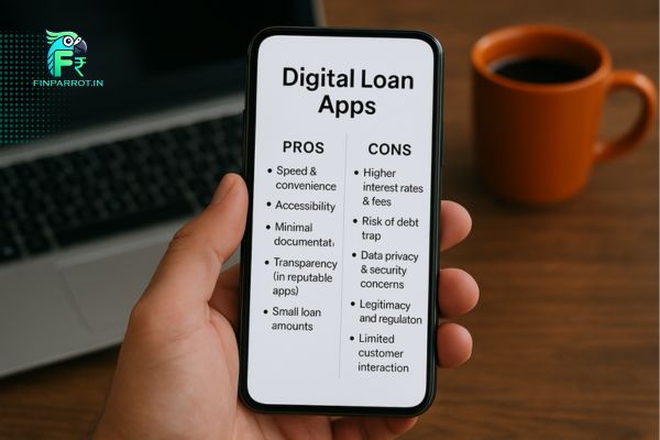 A person holding a smartphone displaying a list of pros and cons of digital loan apps, with a laptop and coffee mug in the background.