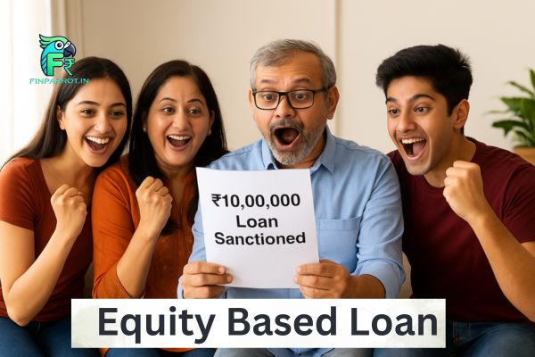 An Indian family of four joyfully reacts to a ₹10,00,000 loan approval, with the father holding a paper that reads "Loan Sanctioned" as the rest of the family cheers in excitement.