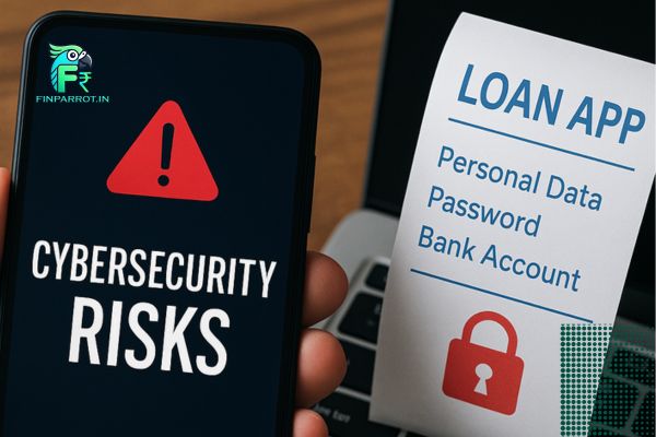 A digital illustration showing a smartphone with a shield icon, representing cybersecurity protection for loan apps, surrounded by icons of locks, money, and warning symbols.